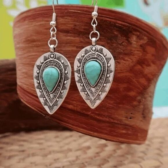 Silver Turquoise Western Boho Water Drop Dangle Earrings - Picture 1 of 6